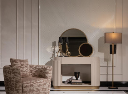 Garnitur Wohnzimmer Sessel Kommode Spiegel Beige Stoff Holz Relax 3tlg